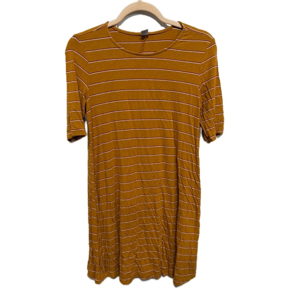 Old Navy Mustard Yellow Stripe Dress Small Casual T-Shirt Dress Red Stripe Soft